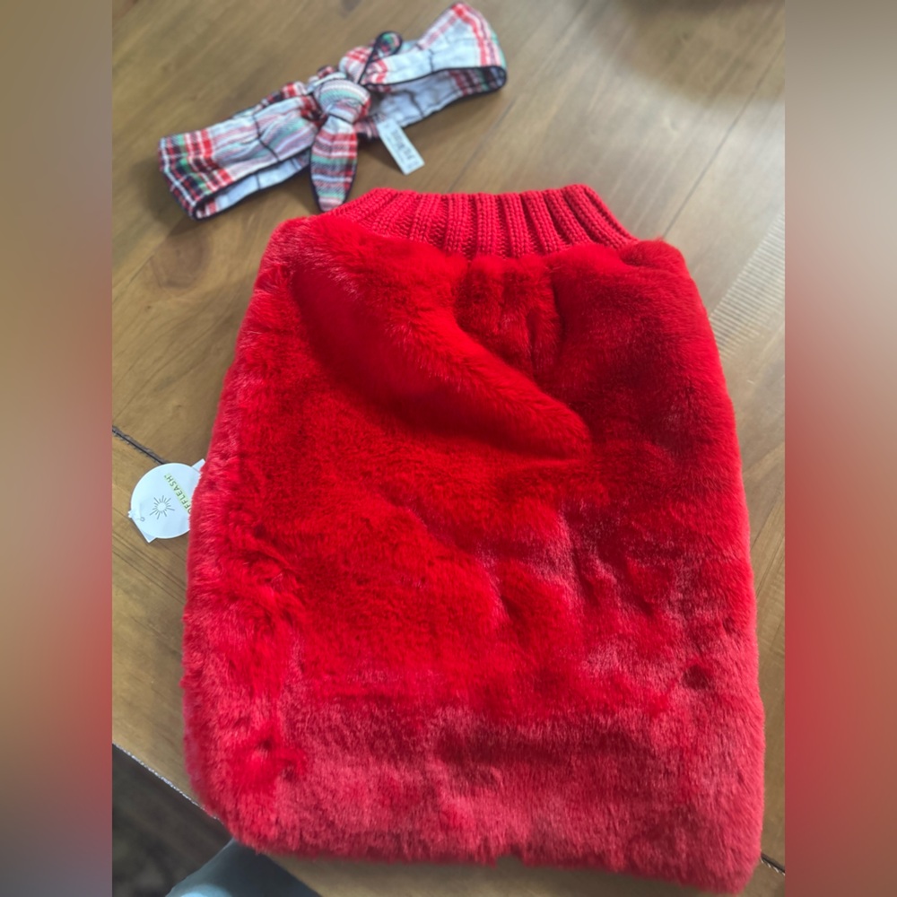 NWT Aerie Offleash Red Faux Fur Dog Sweater with matching headband
